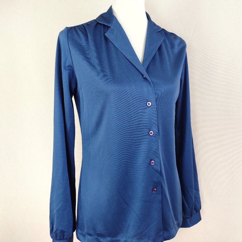 Vintage 70s Blue Polyester Button Front Shirt Top Size Small